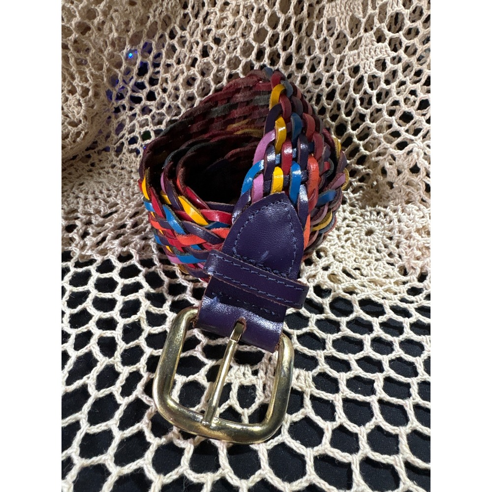 Vintage Multicolor Braided Leather Belt Womens M L Purple Red Yellow Y2K - Picture 2 of 5